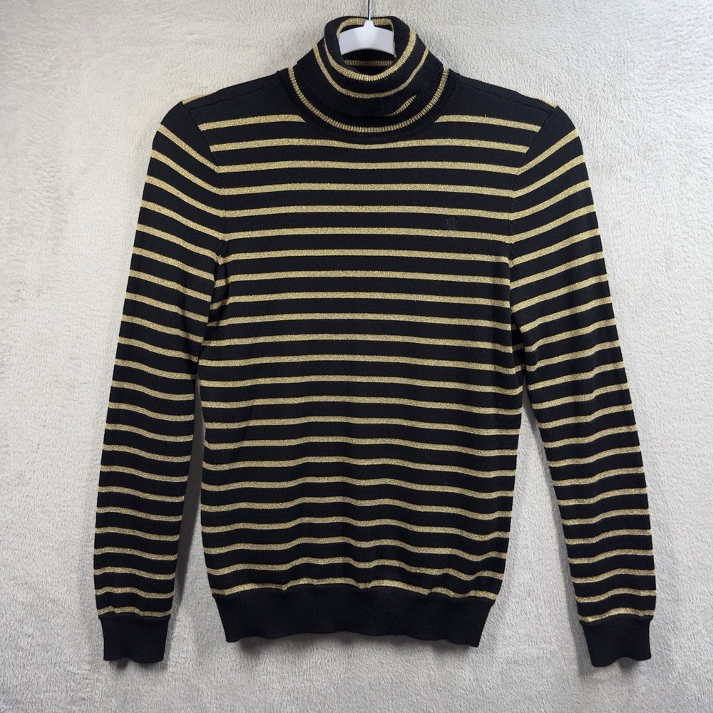 Lauren Ralph Lauren Turtleneck Sweater Black & Metallic‎ Gold Striped Sz SP
